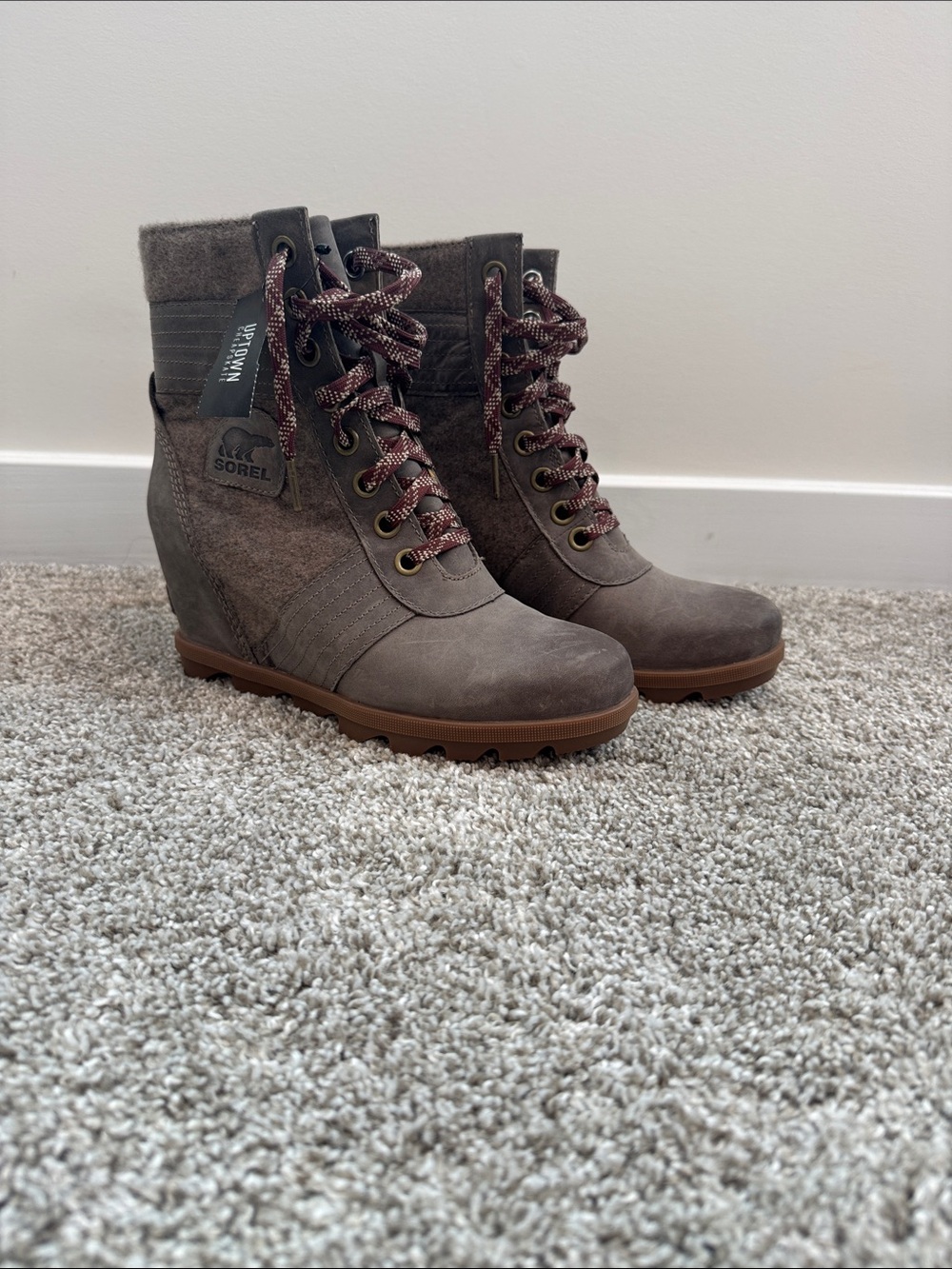 Sorel Taupe Brown Lace-Up Wedge Ankle Boots